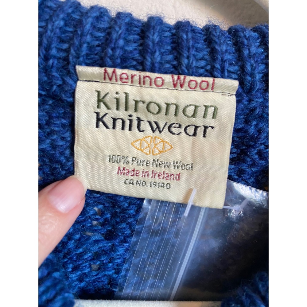 Kilronan Knitwear Merino Wool Cable Knit Cardigan Blue Ireland XL - Picture 2 of 7